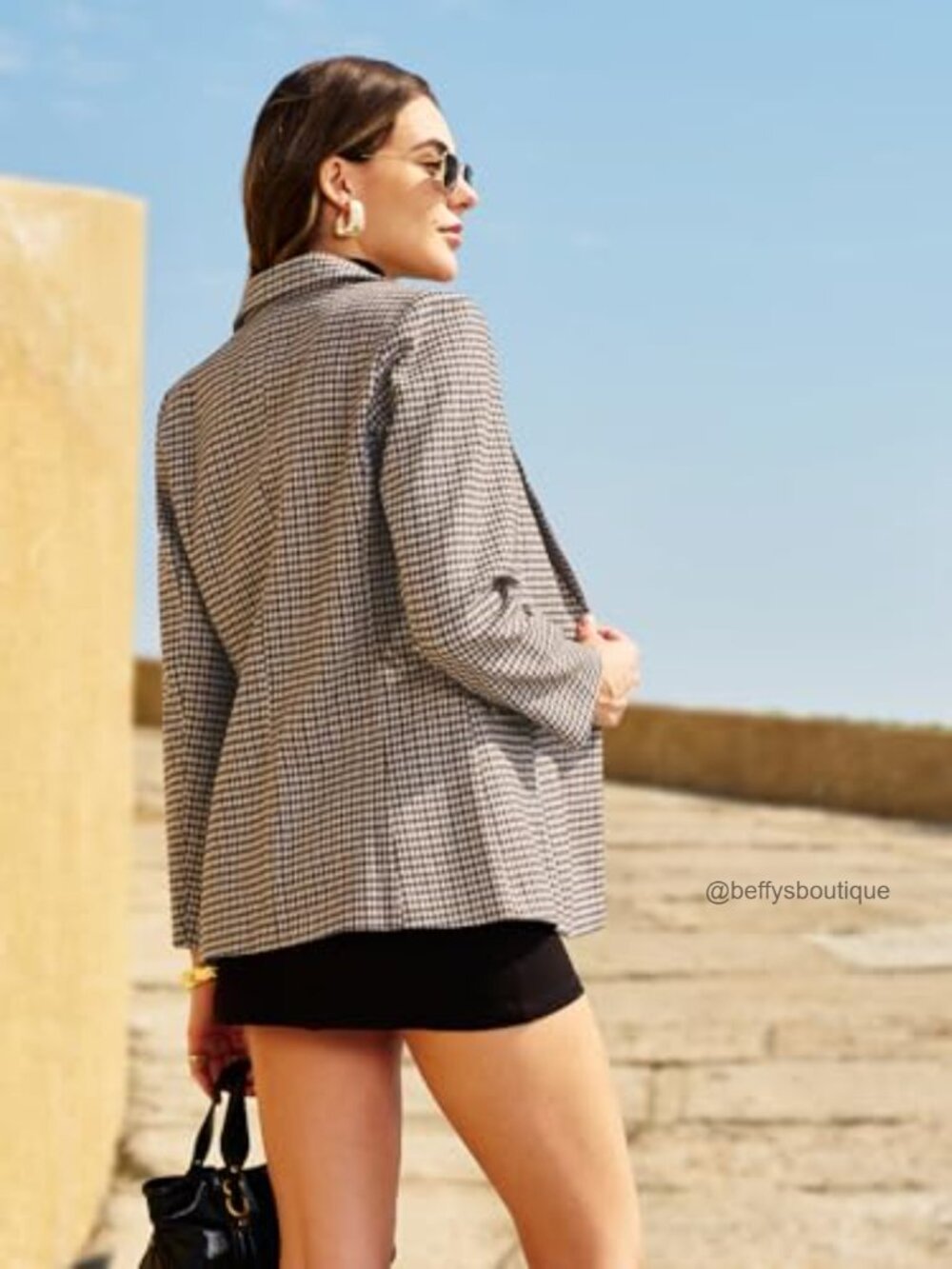 Oversized Plaid Tweed Blazer Fully Lined Notch Lapel Flap Pockets - Picture 3 of 7